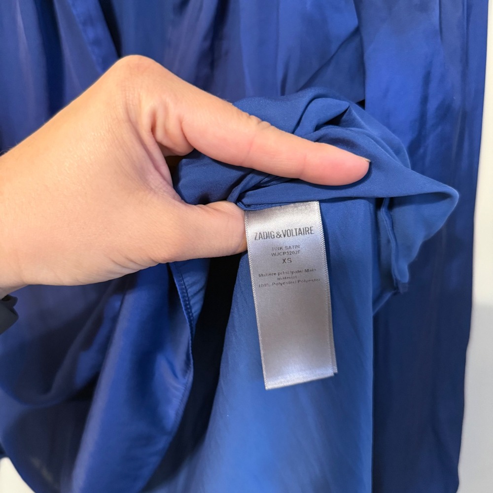 Zadig & Voltaire Tink Satin Blouse Royal Blue V-Neck Long Sleeve XS - Picture 4 of 5